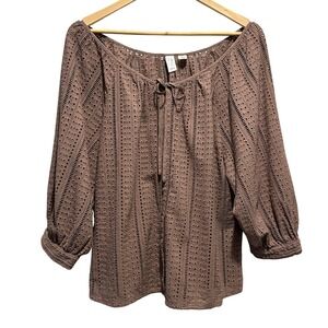 Joie Eyelet Blouse Womens Large Brown 3/4 Balloon Sleeve Cotton Peasant Boho Top
